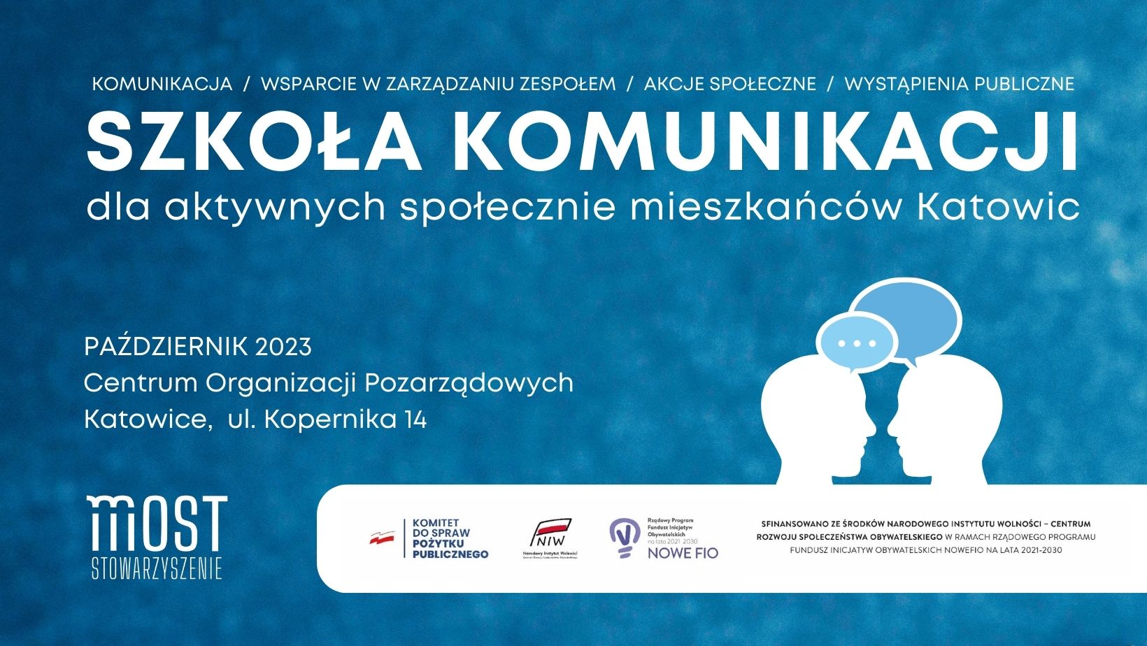 Banner zapraszający do udziału w szkole komunikacji w październiku '23