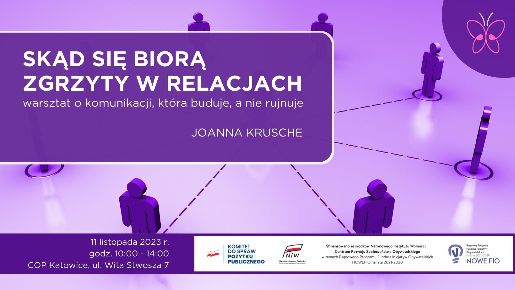 banner z zaproszeniem na spotkanie Skąd się biorą zgrzyty w relacjach? Warsztat o komunikacji, która buduje, a nie rujnuje (11 listopada 2023)