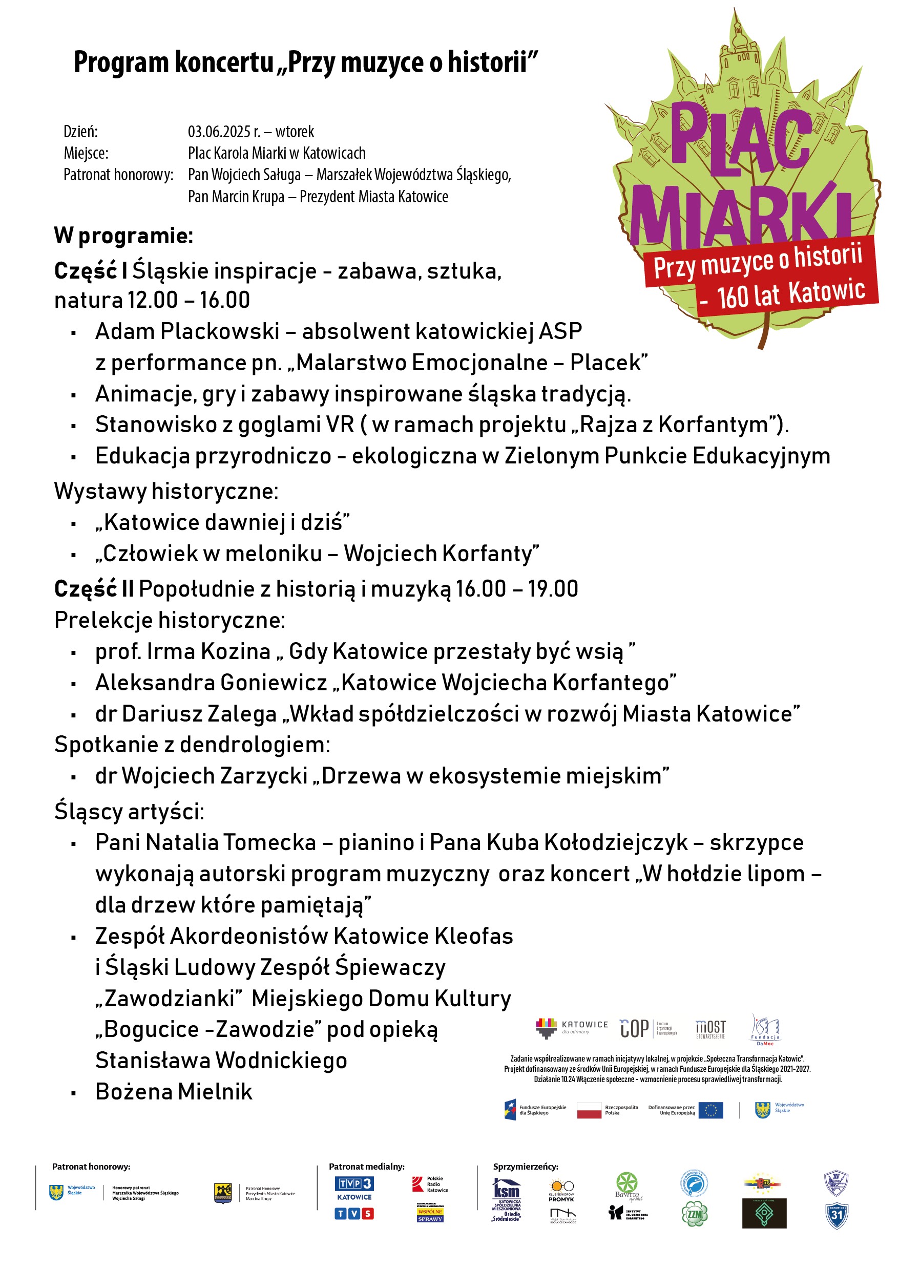 Szczegółowy program koncertu spotkania edukacyjno-kulturalnego "Przy muzyce o historii - 160 lat Katowic".