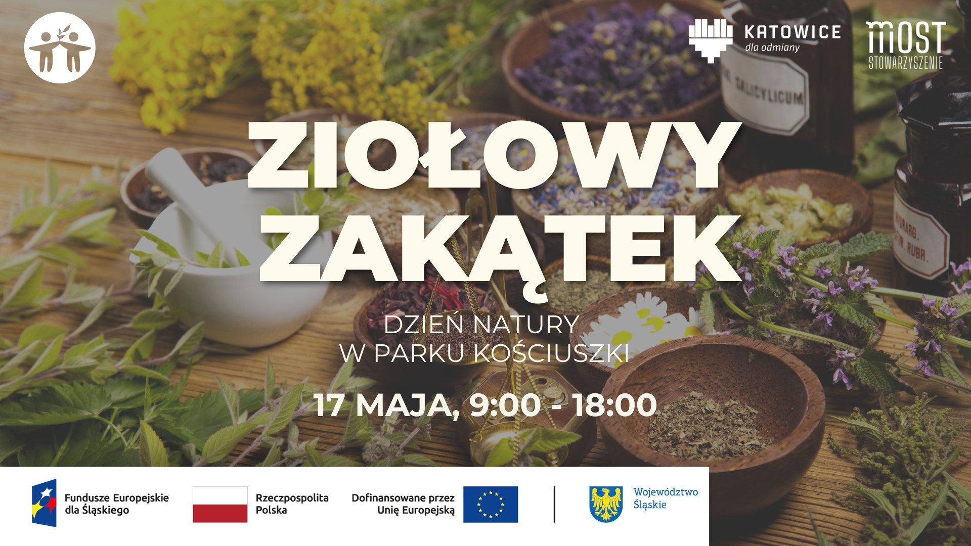 Plakat informacyjny o wydarzeniu pt.: "Ziołowy Zakątek", jego terminie oraz miejscu.