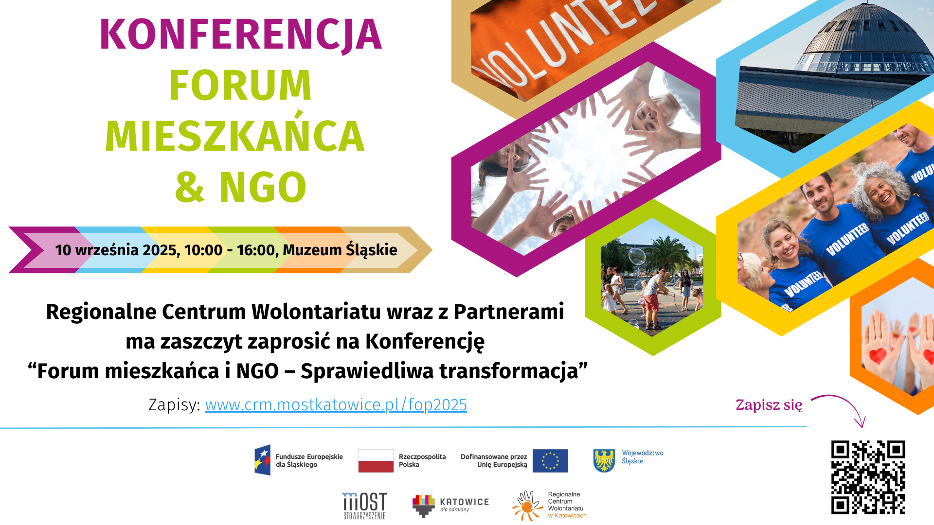 Plakat informujący o Konferencji "Forum Mieszkańca i NGO - Sprawiedliwa transformacja", jej terminie oraz miejscu