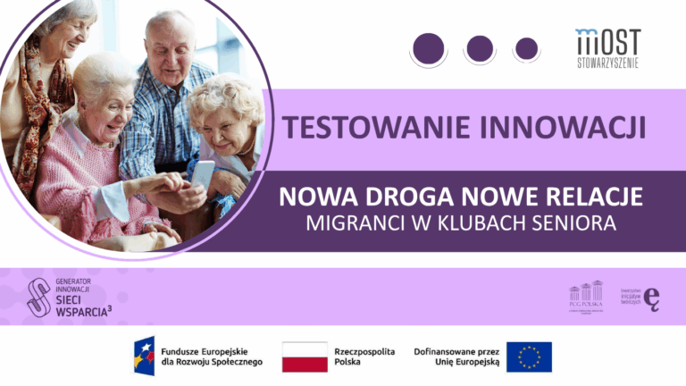 Plakat dot. realizacji innowacji testowanej w ramach projektu „Generator Innowacji. Sieci Wsparcia 3” pod nazwą „Nowa droga, nowe relacje" – migranci w klubach seniora.