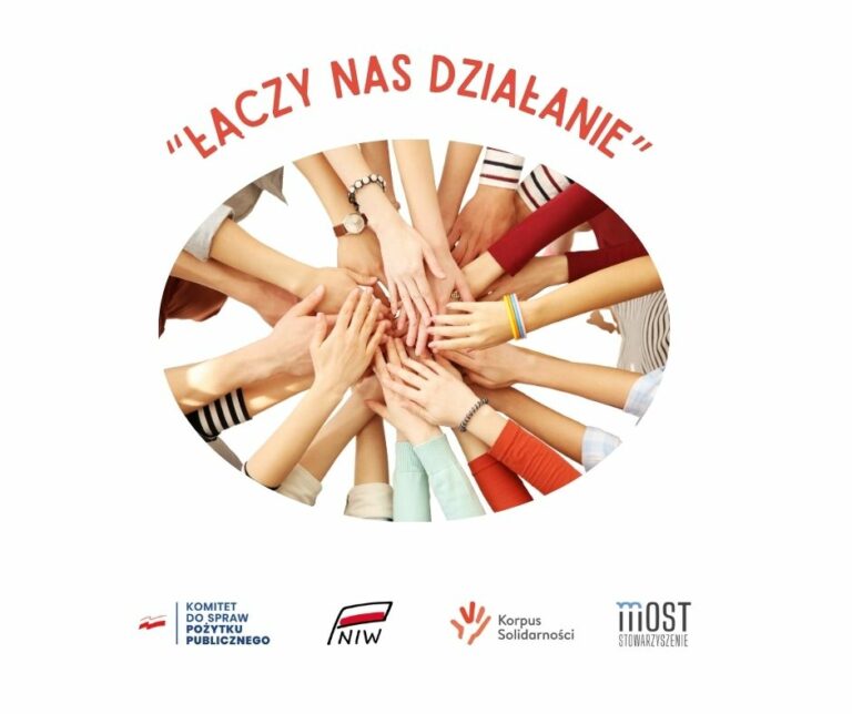 Zdjęcie wyciągniętych dłoni osób w kręgu, nasd nimi napis "Łączy nas działania", pod zdjęciem logotypy grantosawców.