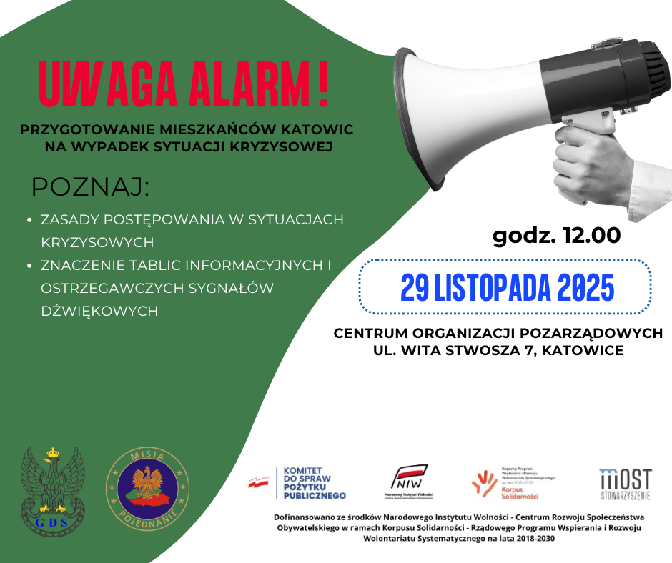 Plakat informujący o wydarzeniu pt.: "UWAGA ALARM!", jego terminie oraz miejscu.